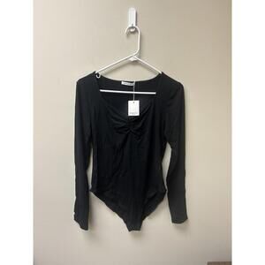 Mangopop Black Deep Square Neck Twist Knot Fitted Bodysuit (L)